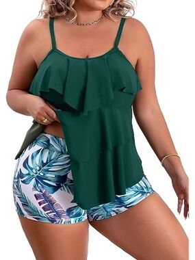 B2prity Tankini Plus Size Swimwear Flouncetop with printed shorts swimsuit